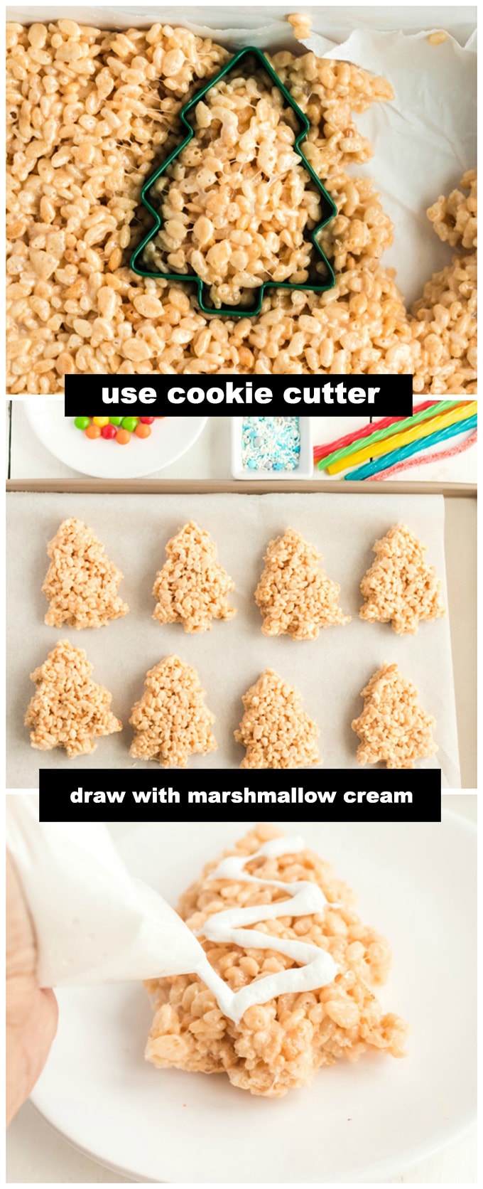cutting out christmas tree shapes from rice krispie treats