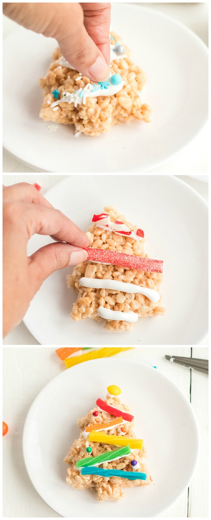 adding candy decorations to Christmas Tree Rice Krispie Treats