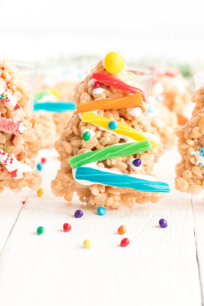 rice krispie treat christmas tree decorated with candies