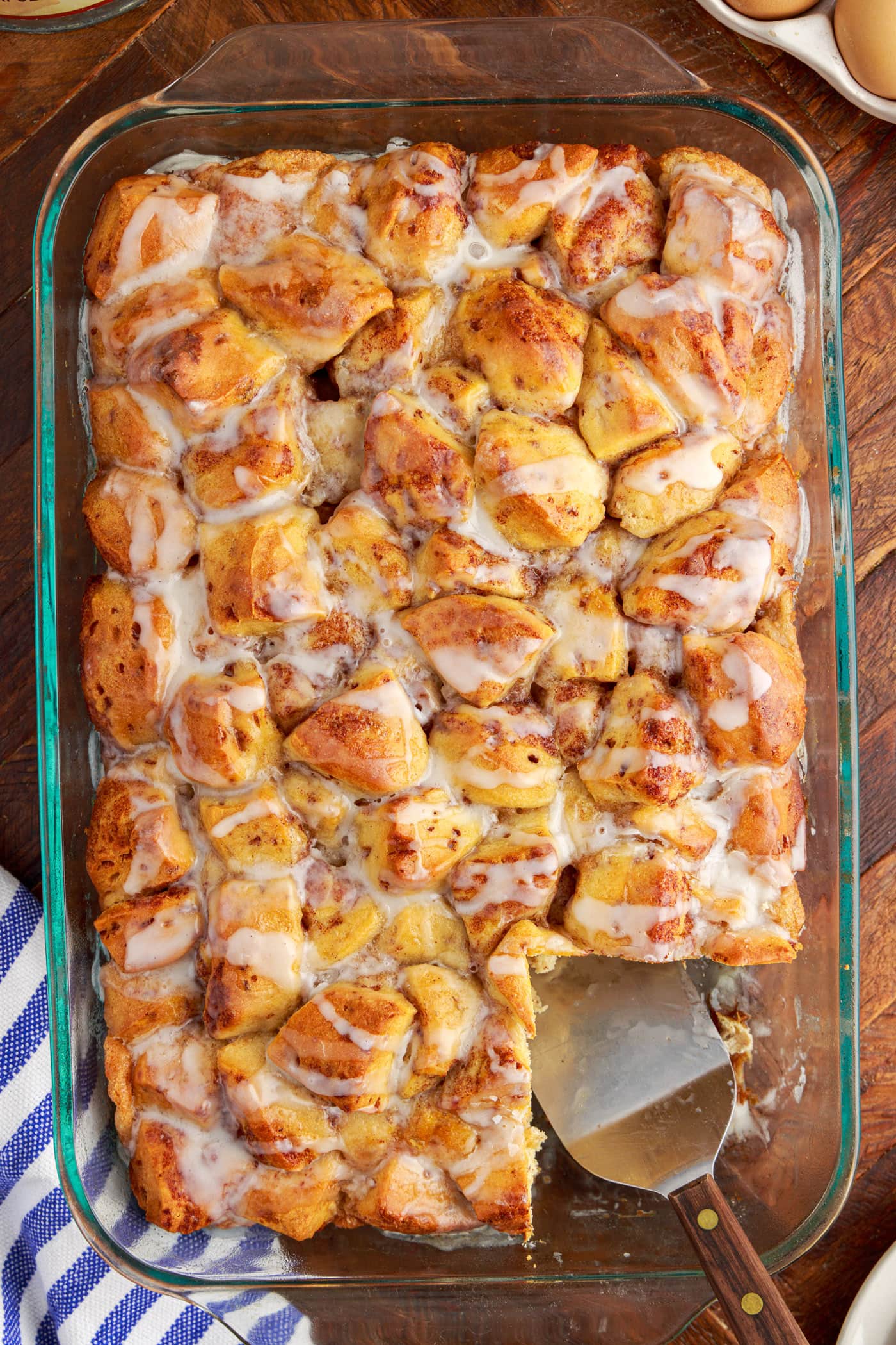 Cinnamon Roll Casserole with a serving removed