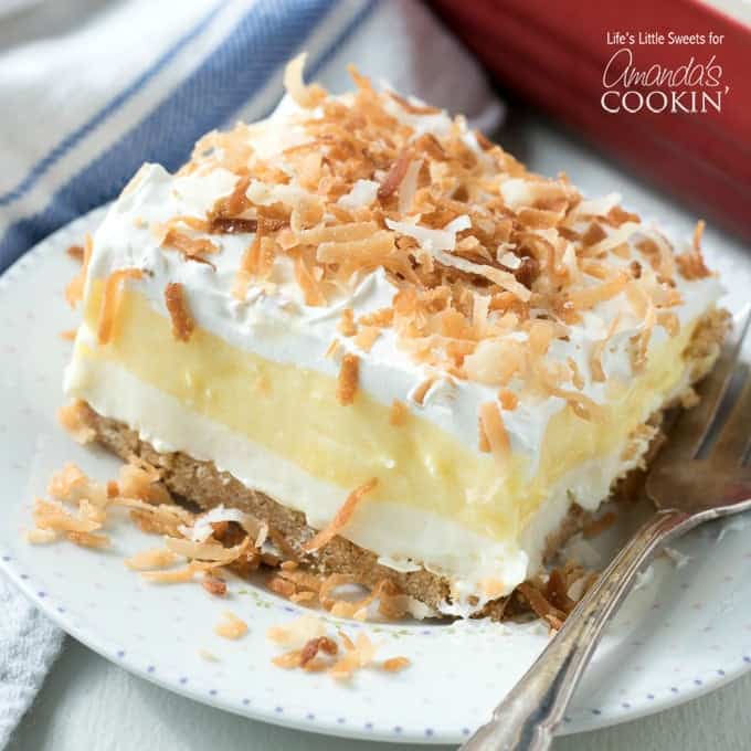 coconut cream pie layered dessert on a plate