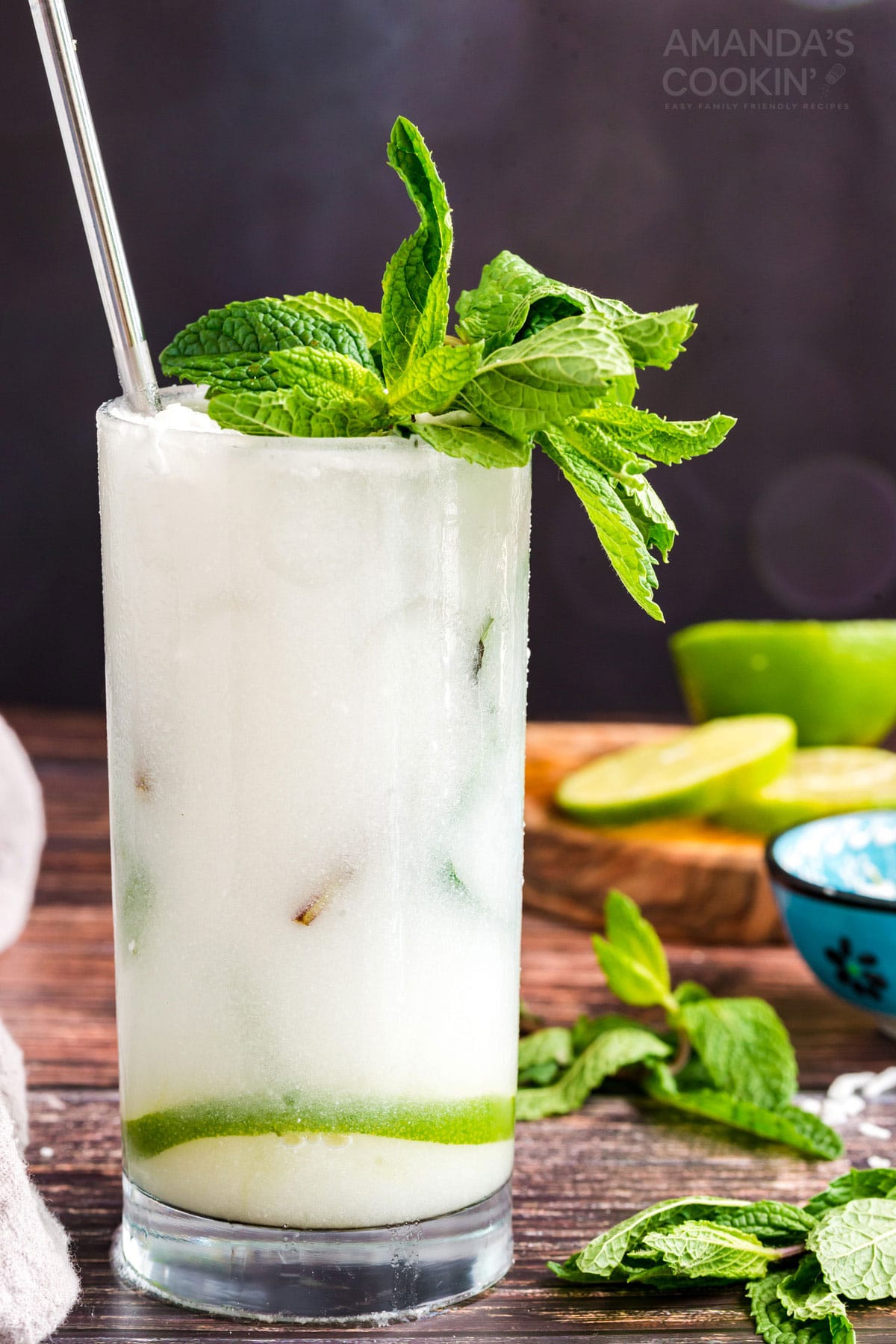 mojito in a glass made with coconut rum and coconut cream