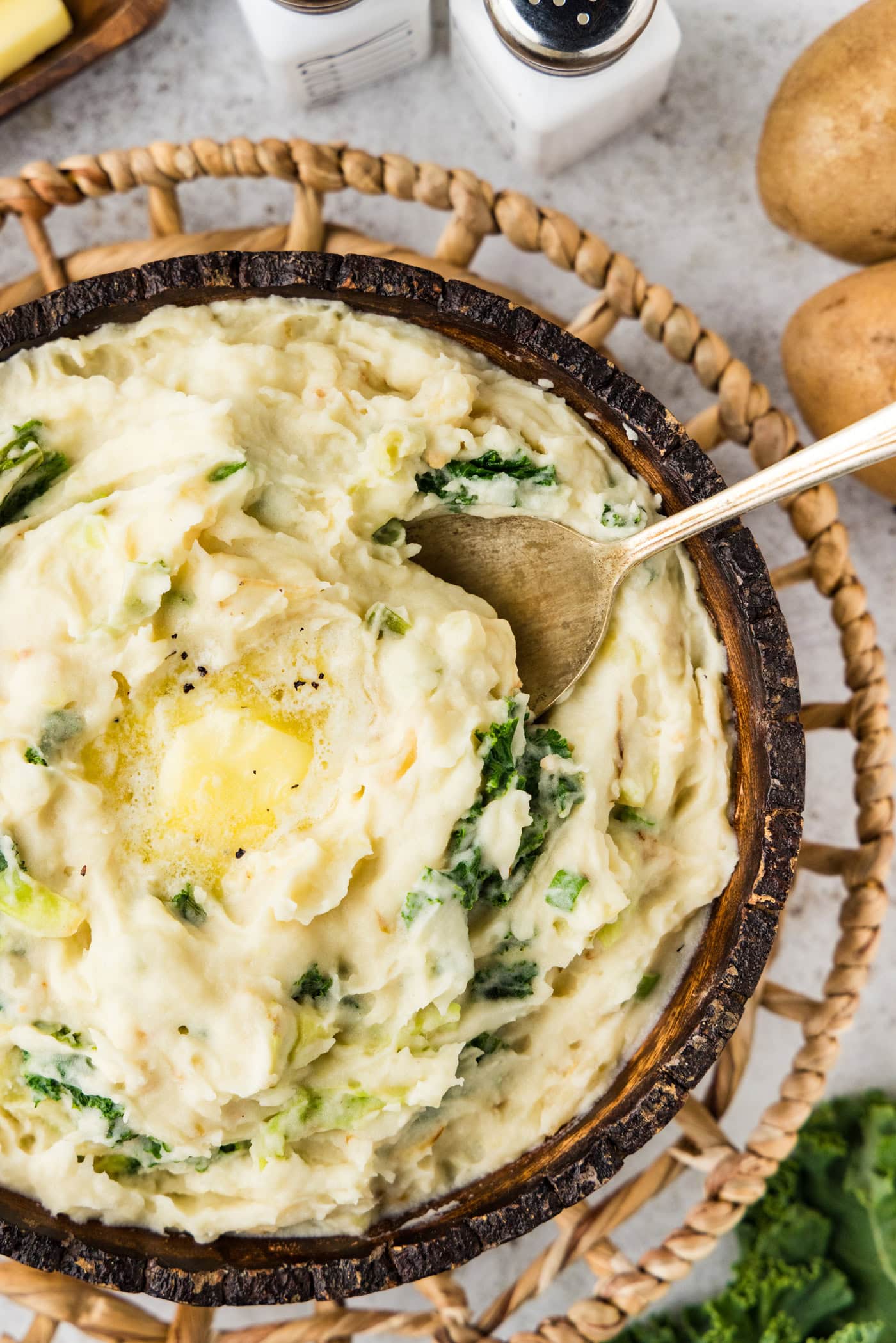 Close up photo of a bowl of Colcannon (Irish Mashed Potatoes)