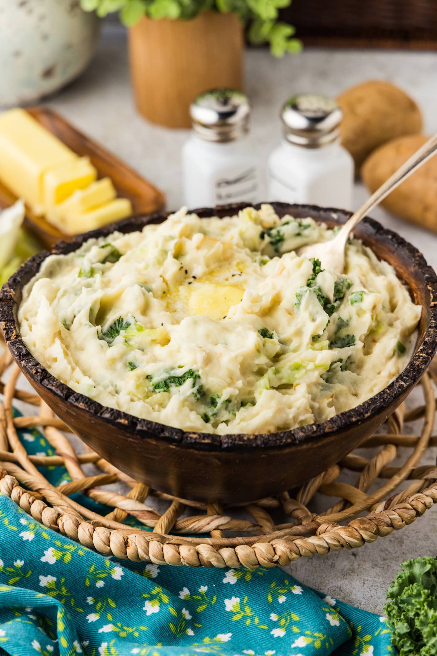Bowl of Colcannon (Irish Mashed Potatoes) with a spoon in it