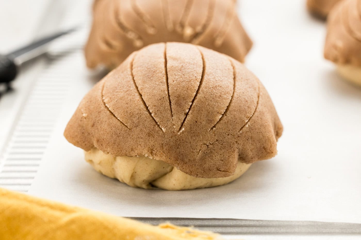 Unbaked conchas with topping on top, scored with a paring knife.