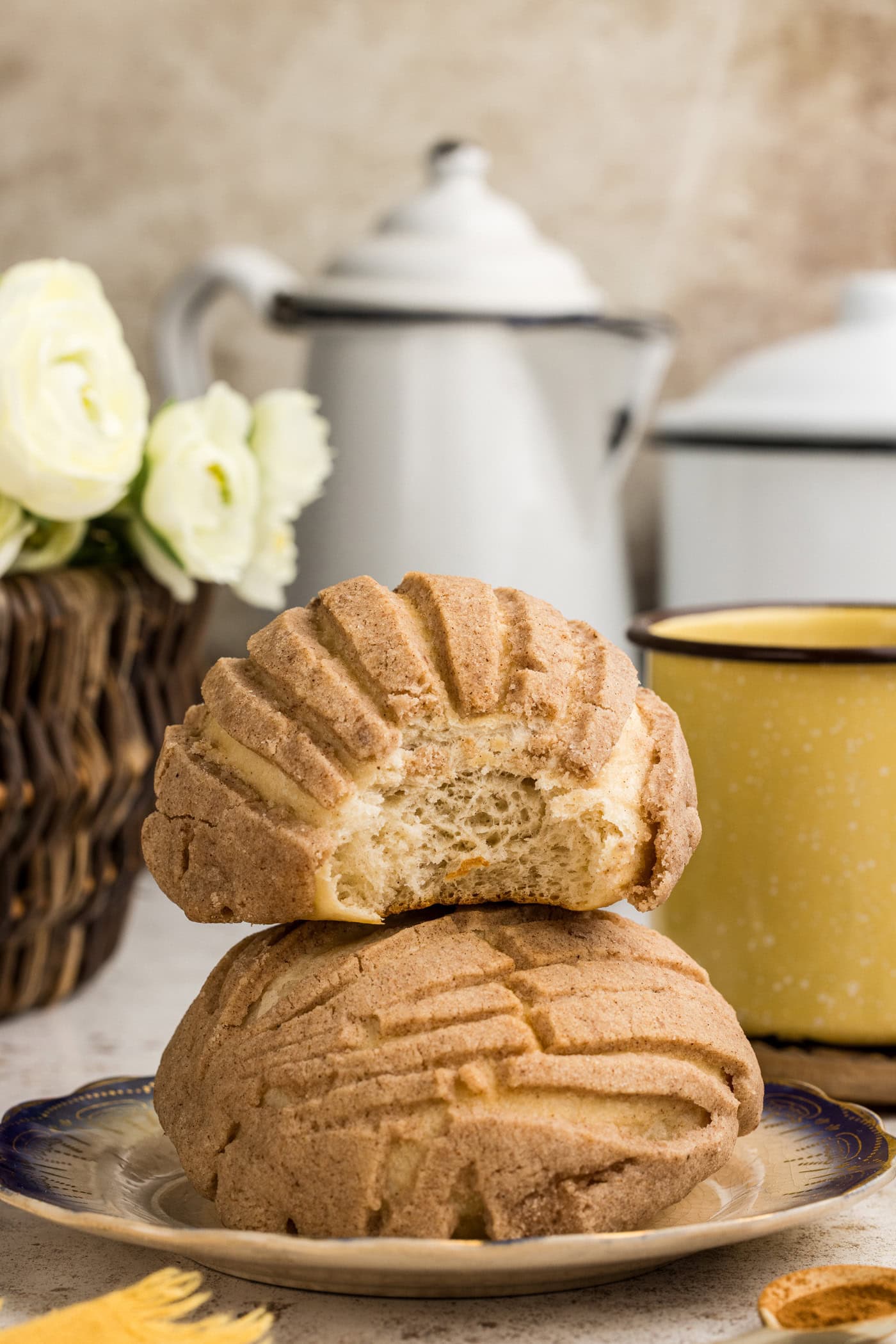 stacked Mexican Sweet Bread - one with a bite out of it