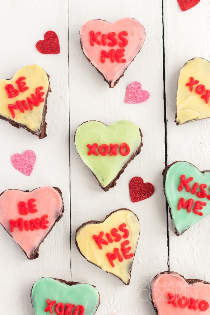 overhead view of conversation heart brownies