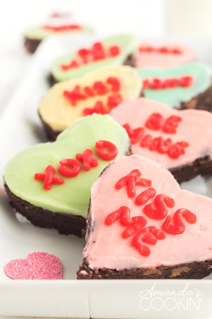 several conversation heart brownies on a plate