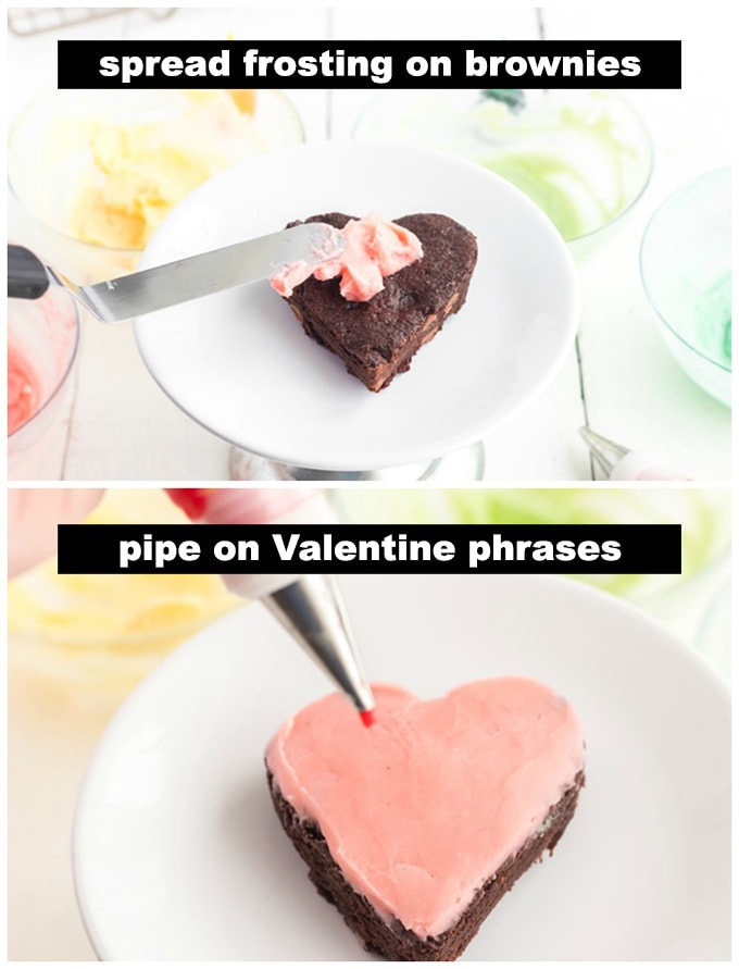 spreading frosting on a heart brownie