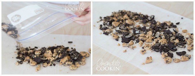 Lay a piece of parchment paper out and pour your cookie crumbles out.