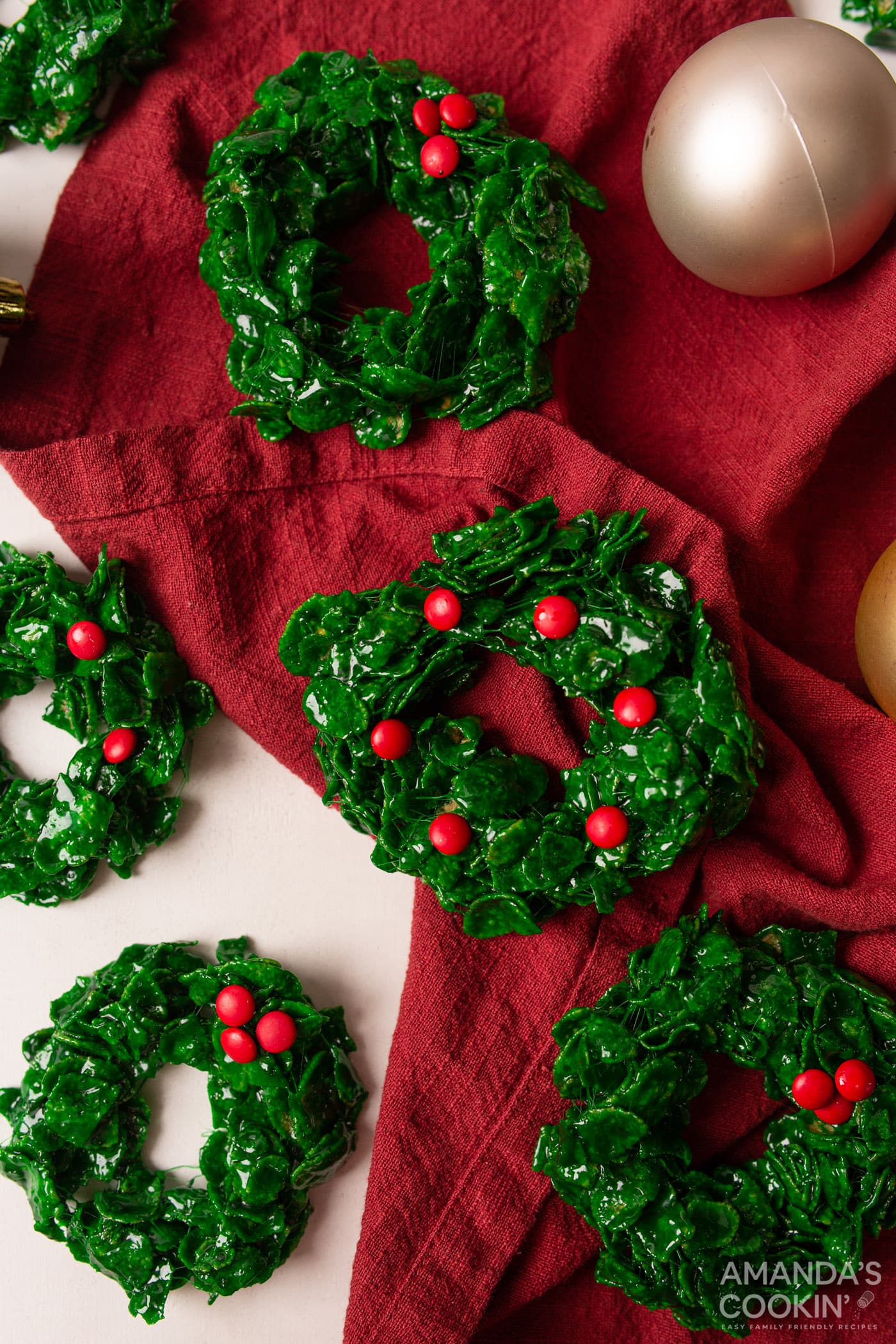 Cornflake Christmas Wreath Cookies with a red linen