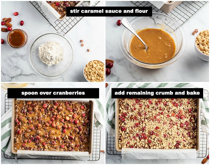 illustrated step photos showing caramel layer and baking the bars