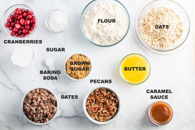 labeled ingredients for caramel cranberry bars