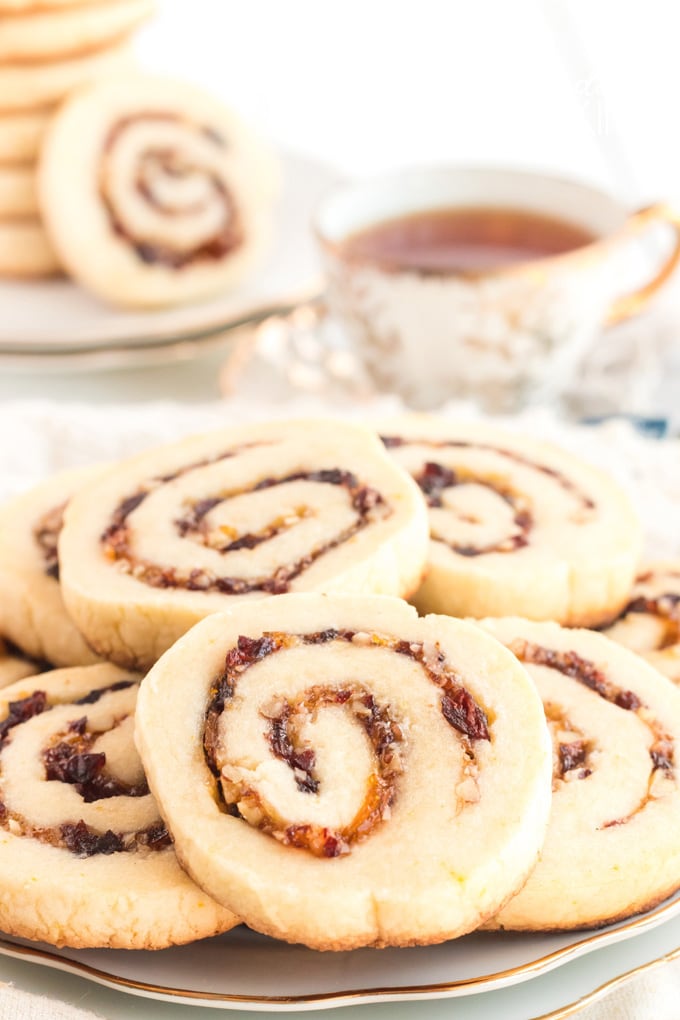 plate full of cranberry orange spiral cookies