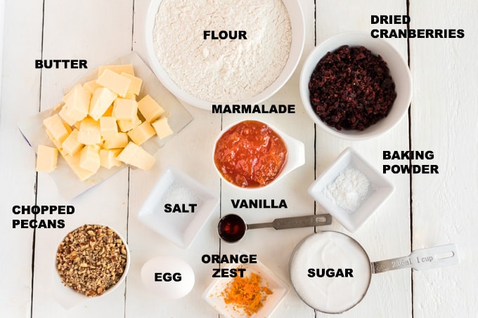 ingredients for cranberry orange spiral cookies