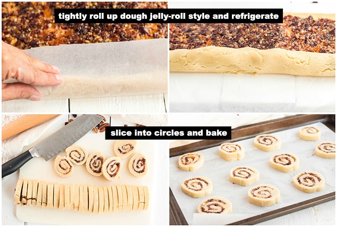 rolling up dough and slicing cookies