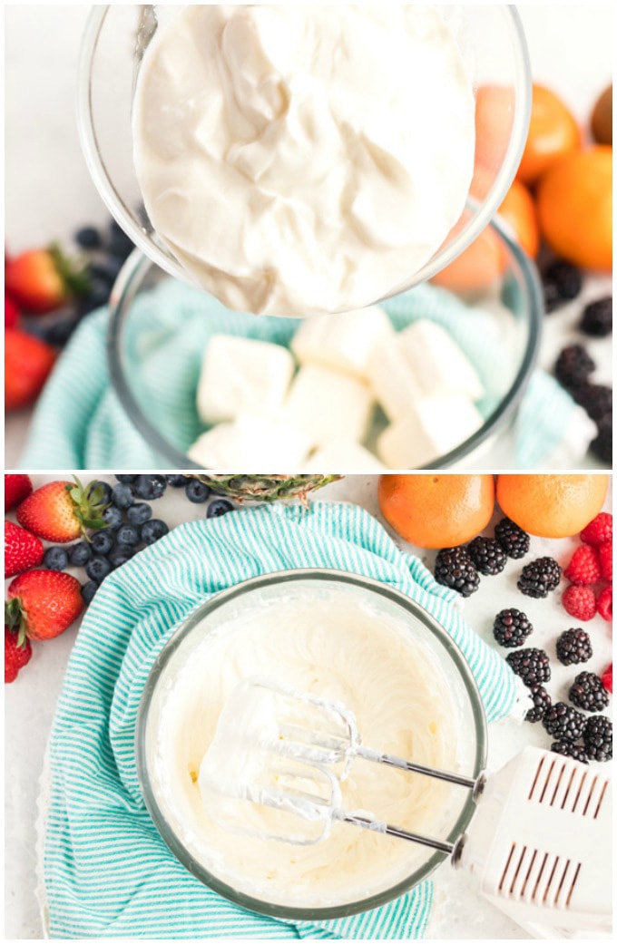 mixing cream cheese and yogurt