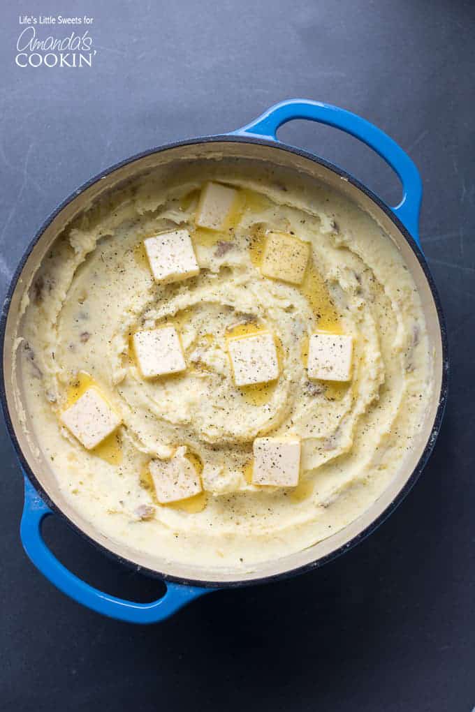 Creamy Traditional Mashed Potatoes dutch oven overhead shot