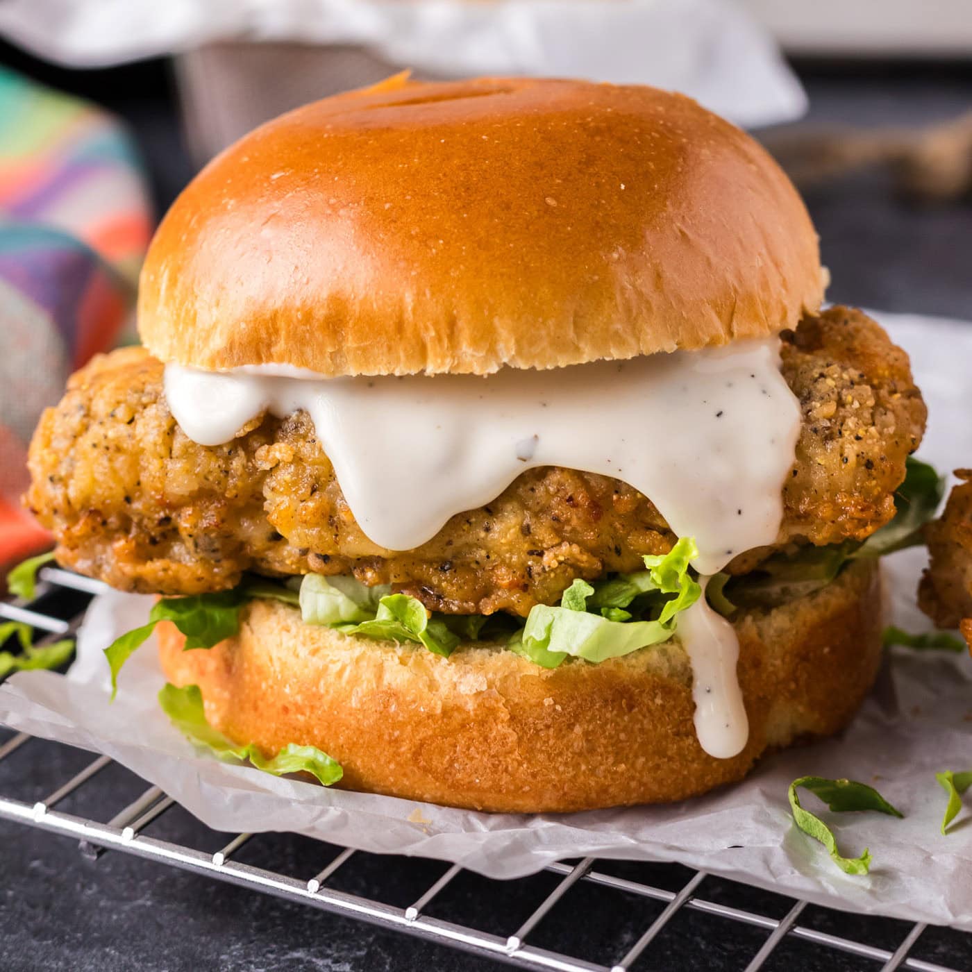 Close up photo of a Crispy Chicken Burger