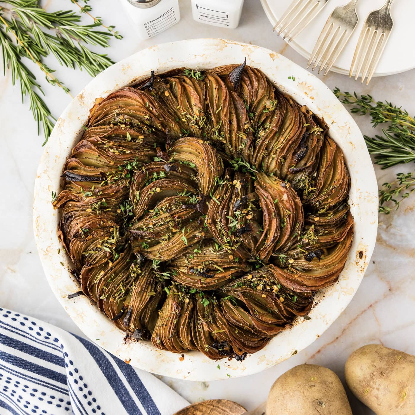Overhead photo of a pan of Crispy Roast Potatoes