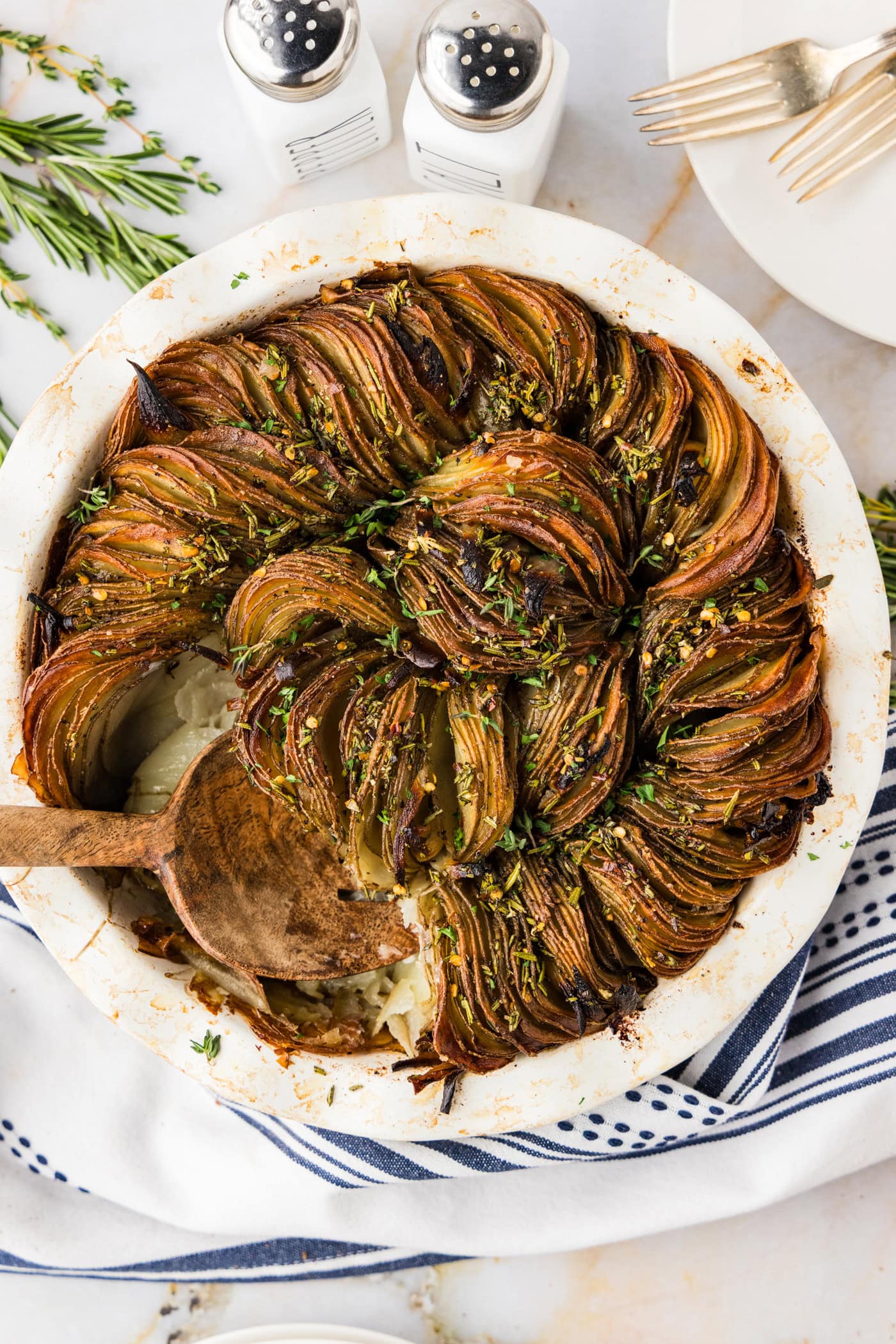Pan of Crispy Roast Potatoes with a spoon in it
