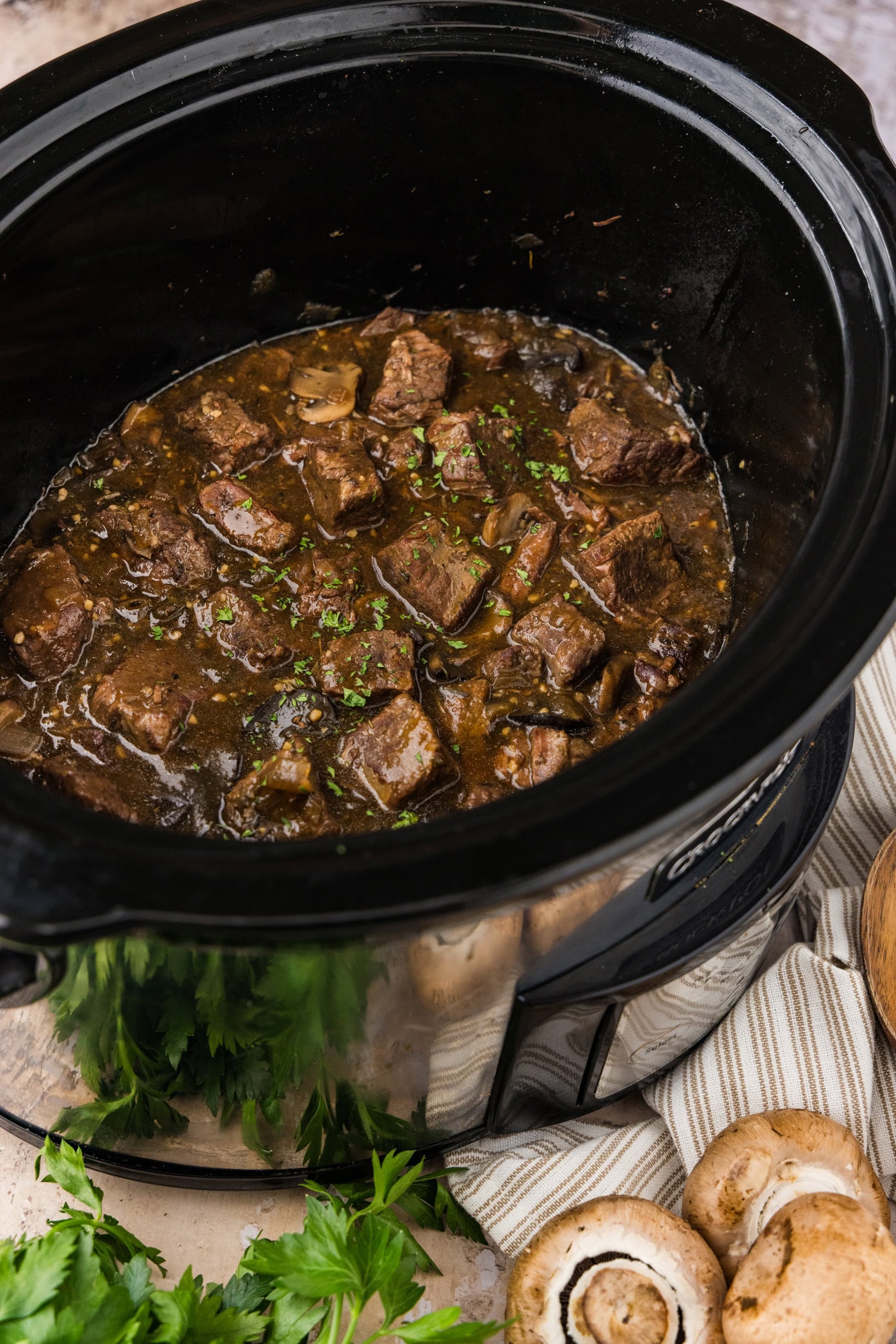 Side photo of Crockpot Beef Tips and Gravy in a Crockpot