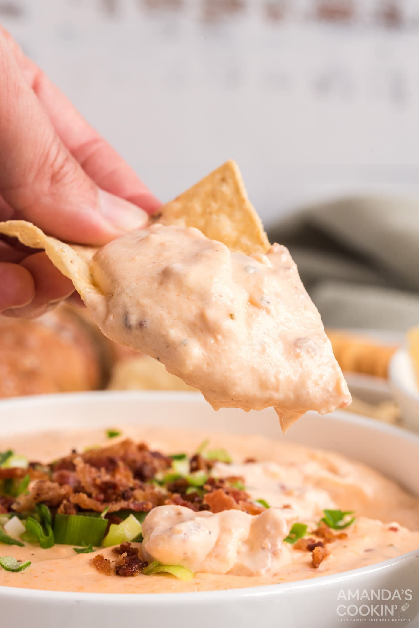 tortilla chip dipped in Crockpot Cheese Dip