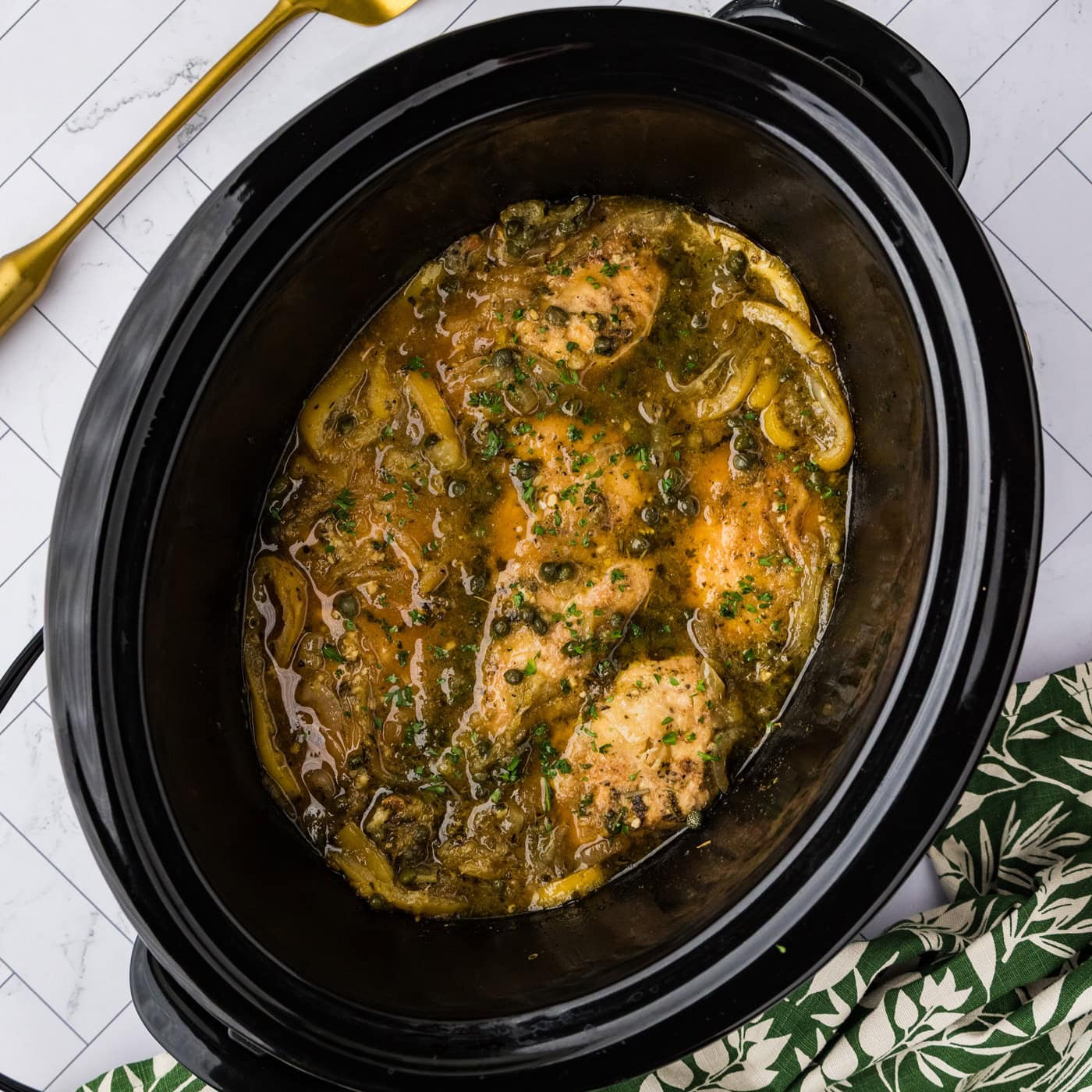 overhead photo of Crockpot Lemon Chicken in slow cooker
