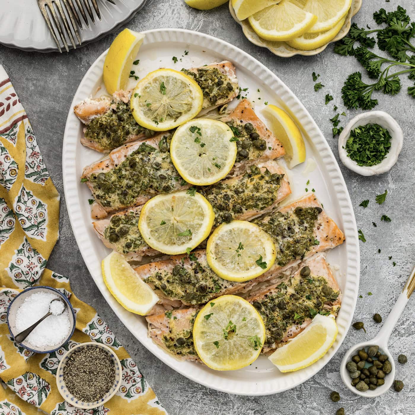 Close up photo of a platter of Lemon Caper Salmon