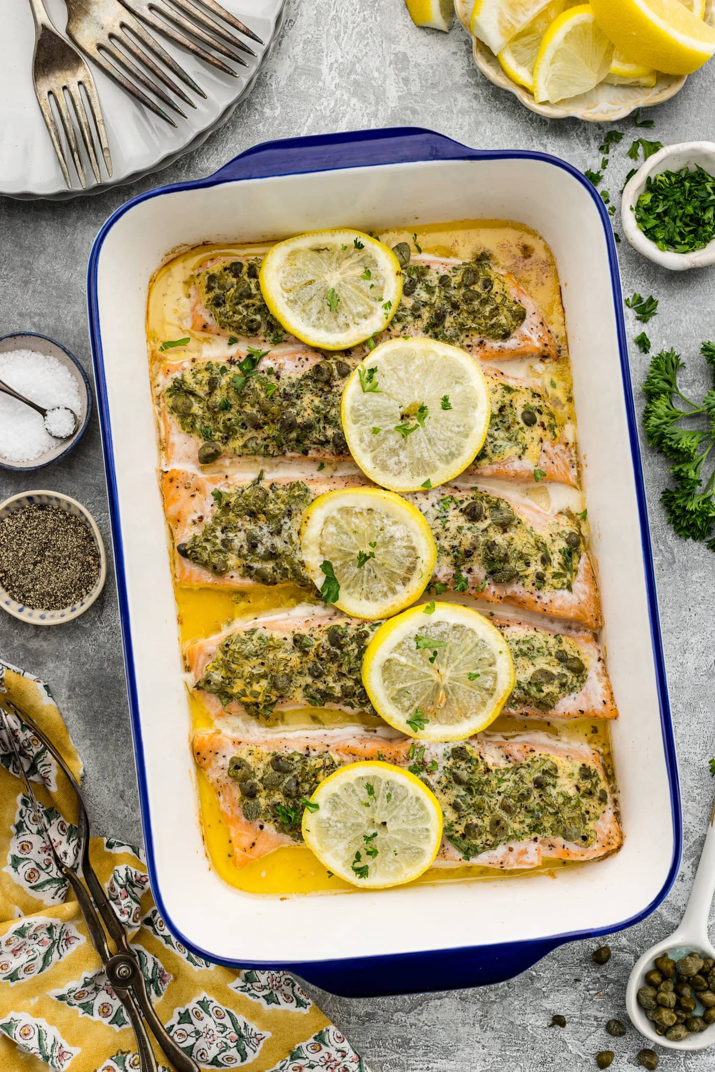 Baking pan of Lemon Caper Salmon