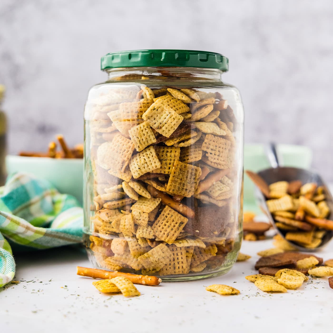pickle jar full of dill pickle chex mix