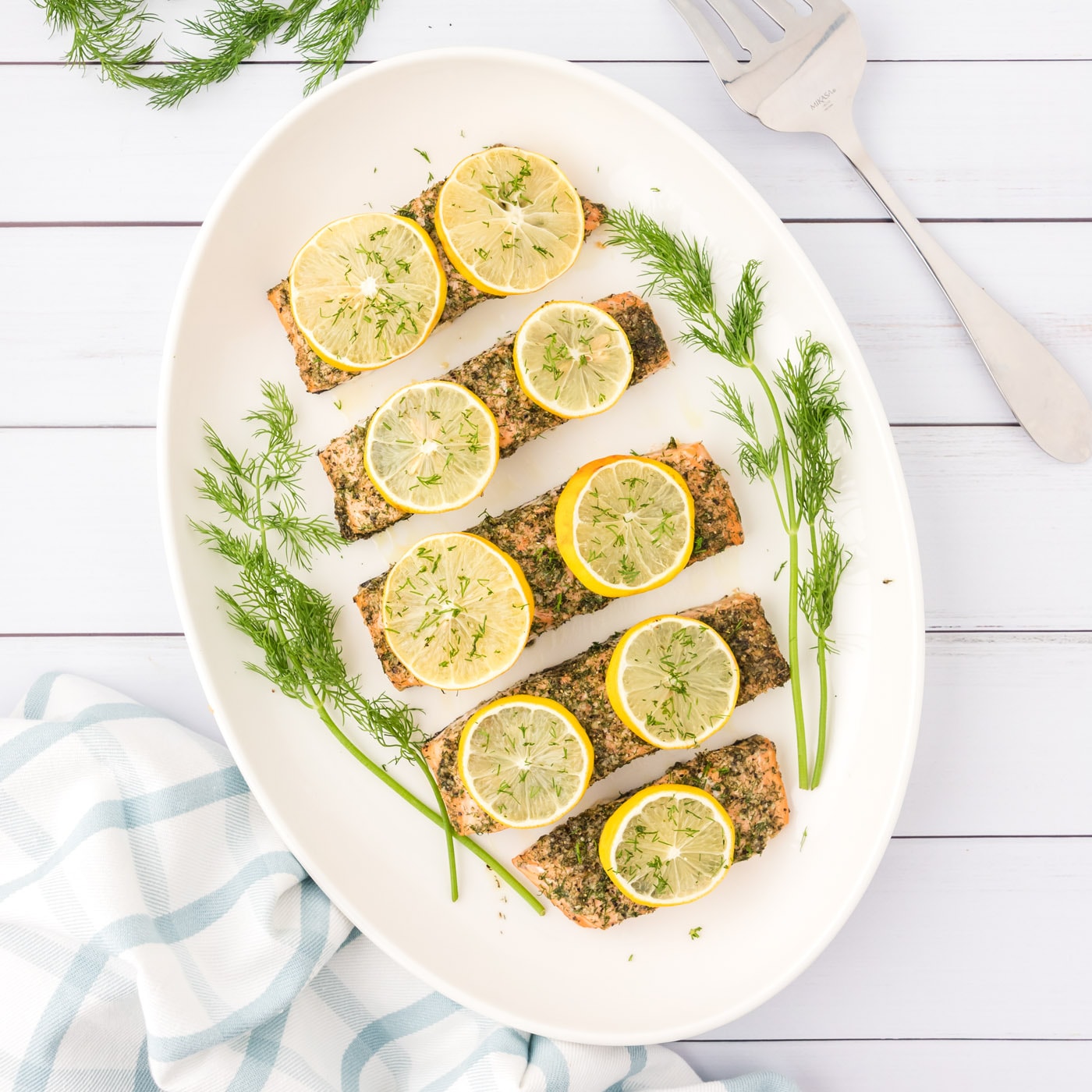 Overhead photo of a platter of Dill Salmon