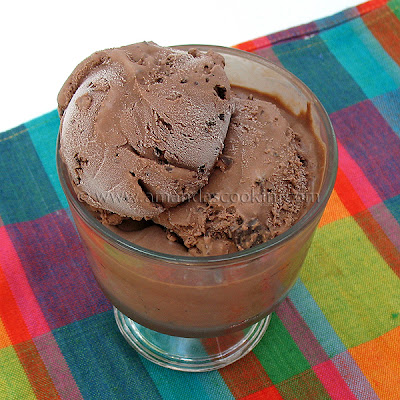 A close up photo of double chocolate chip ice cream in a clear dish.