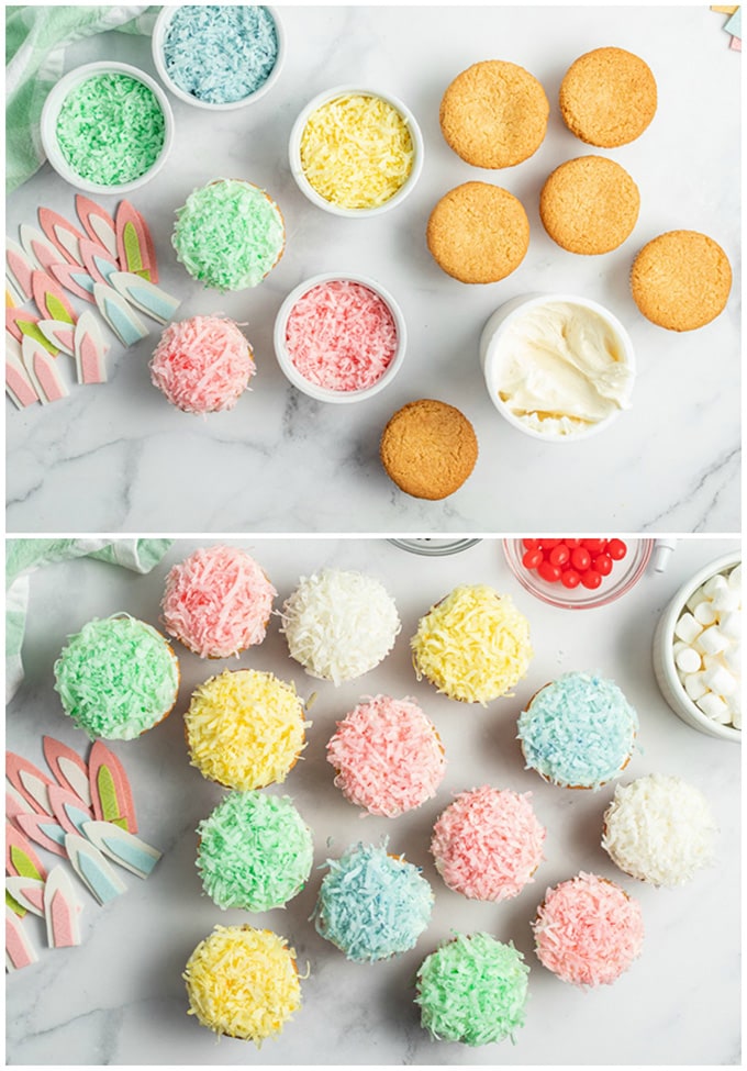 frosting cupcakes an dipping in coconut