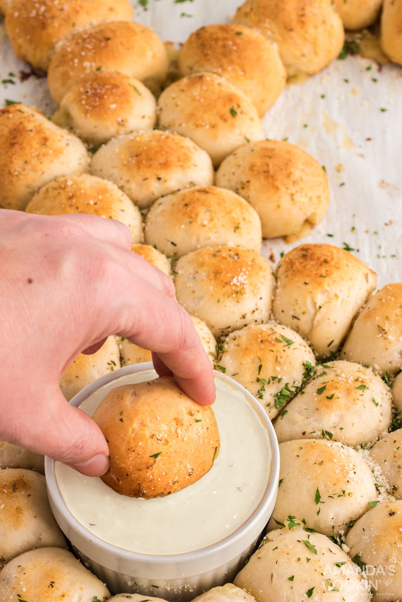 dipping bread in ranch