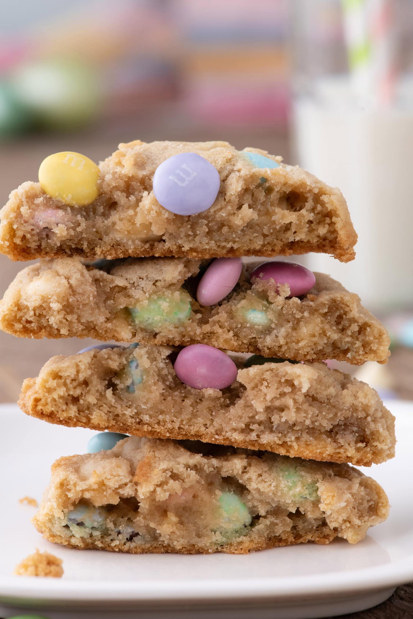 Stack of Easter M&M Cookies broken in half