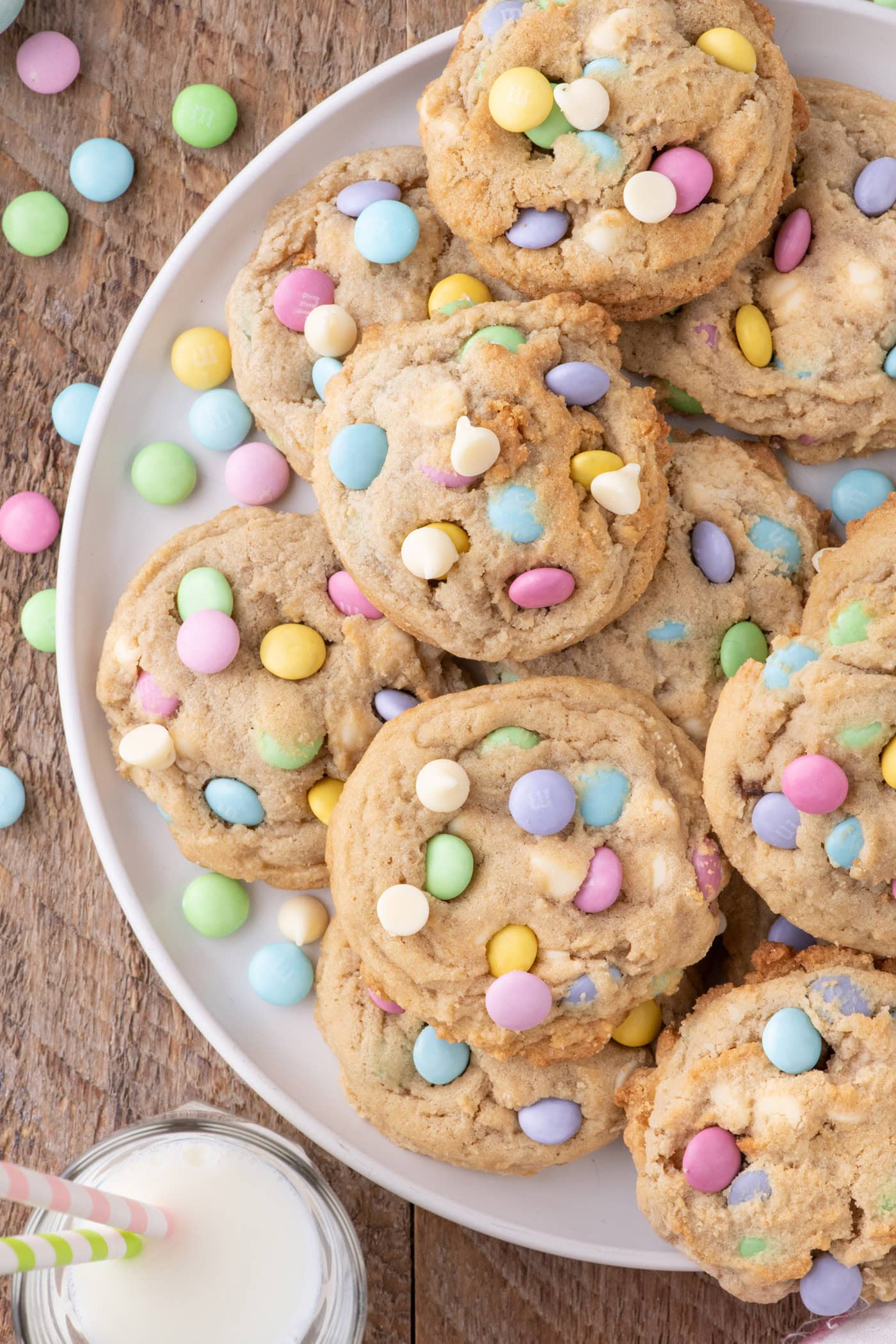 Half a plate of Easter M&M Cookies