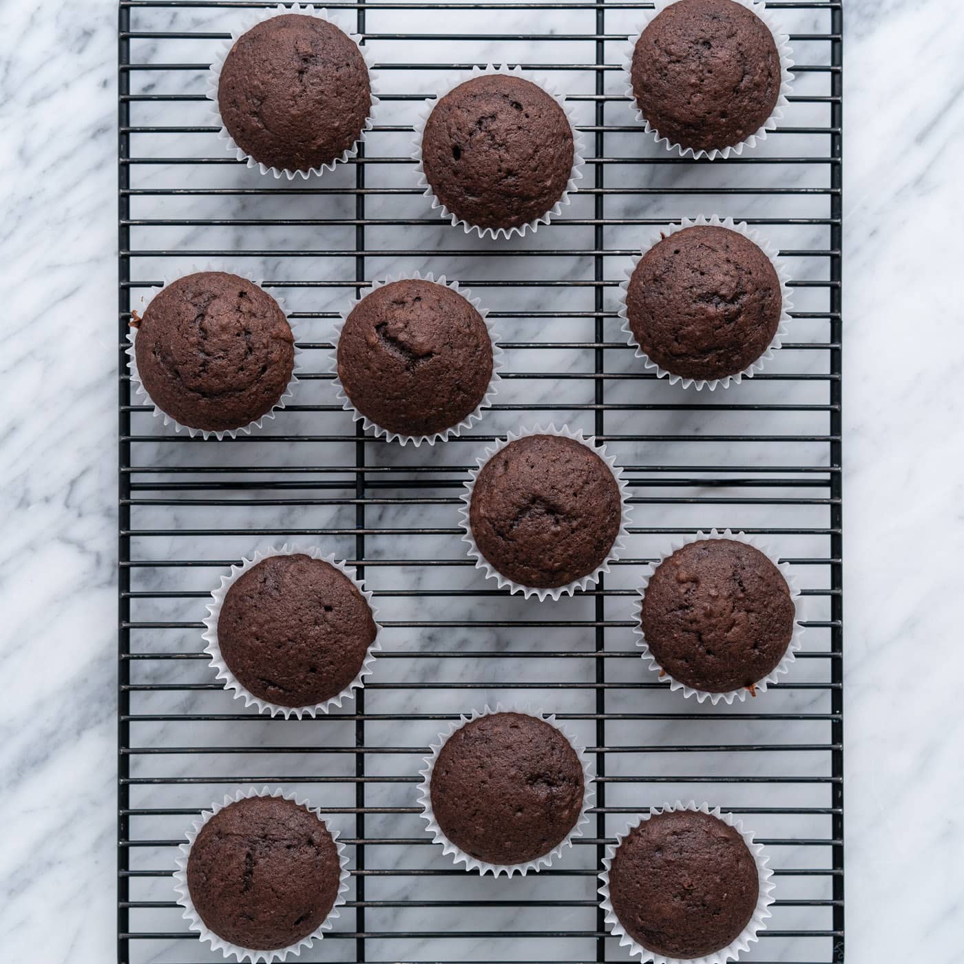 chocolate cupcakes cooling on a wire rack