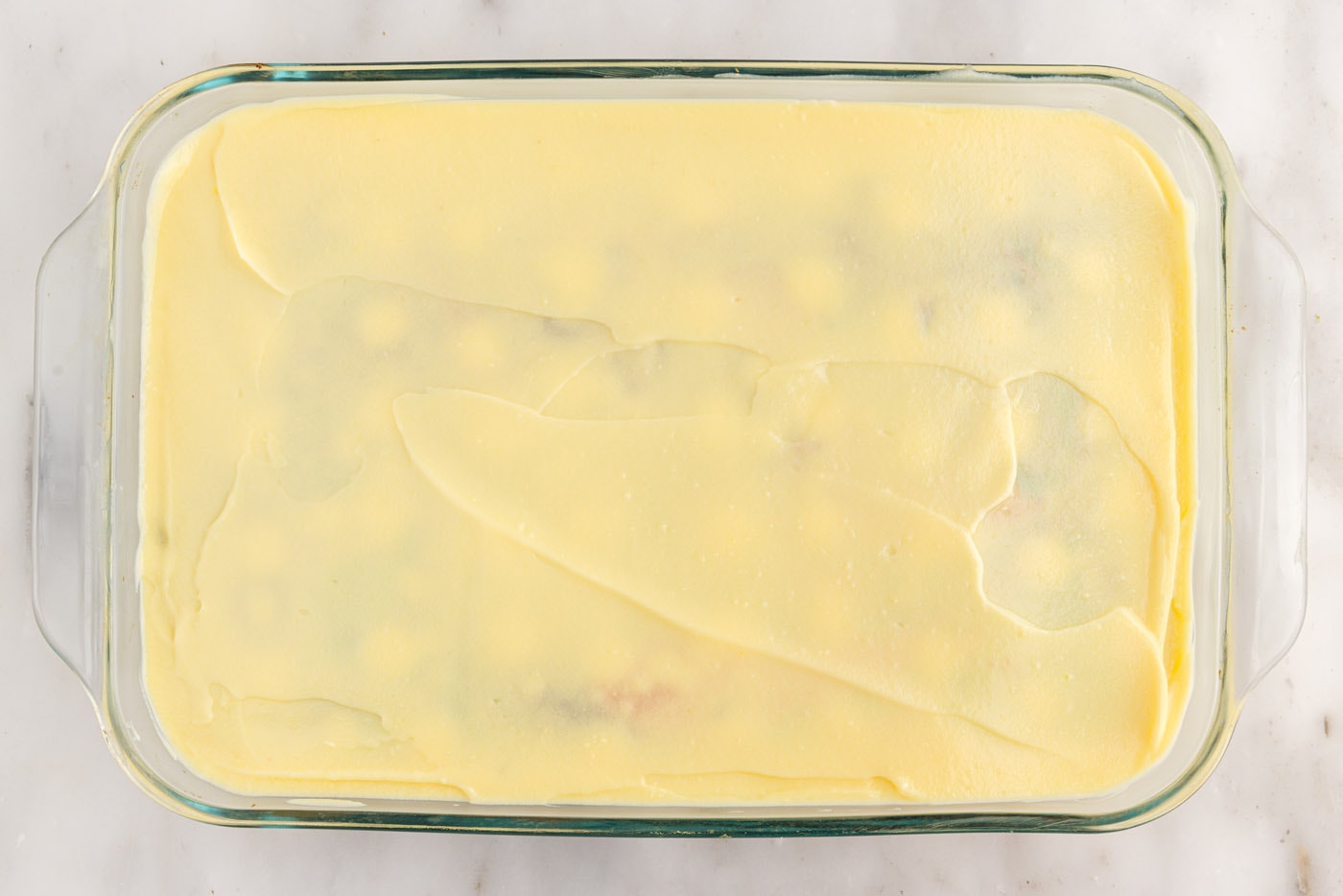 vanilla pudding poke cake overhead
