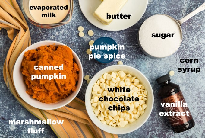 labeled ingredients for pumpkin pie fudge