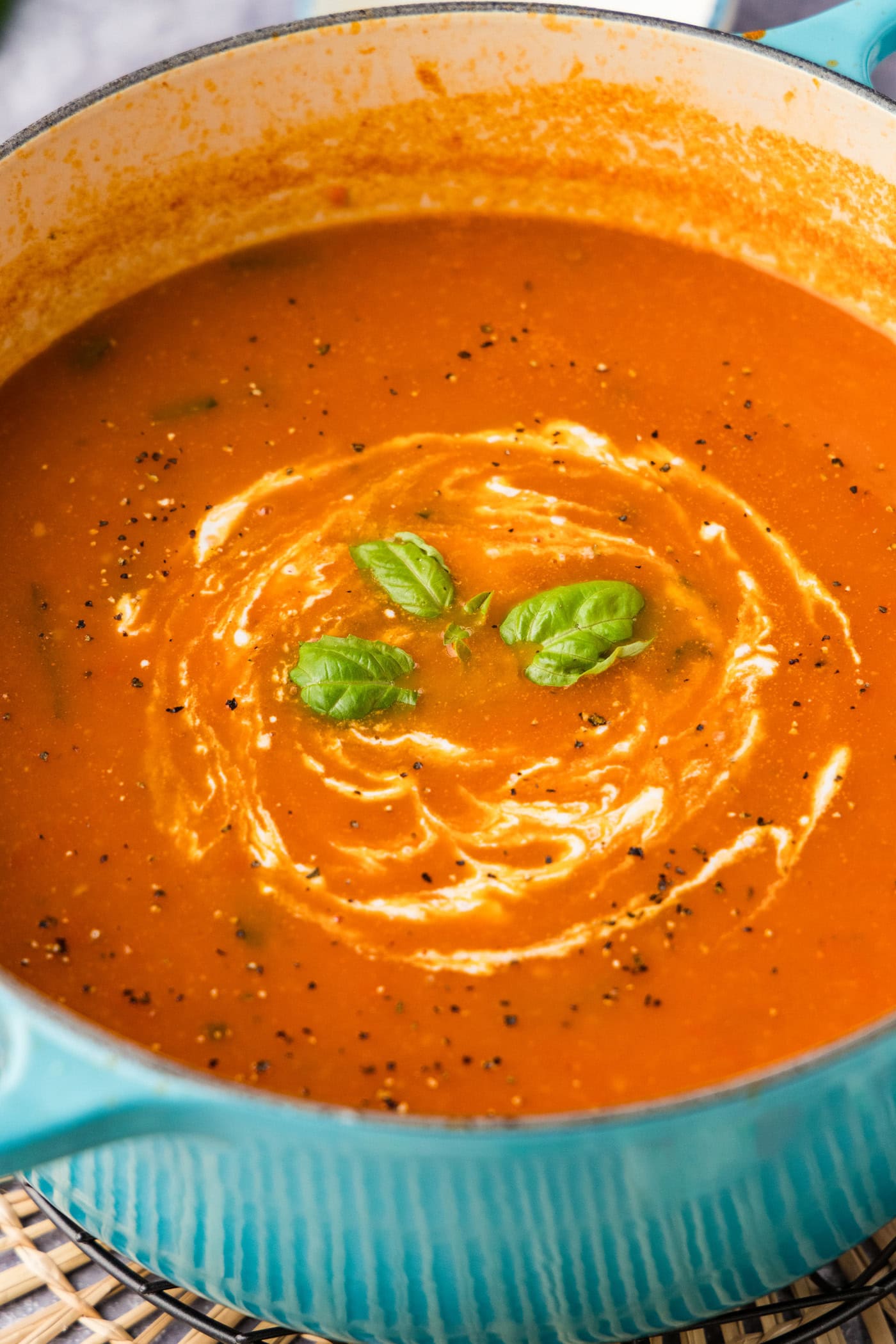 close up of dutch oven full of fresh tomato soup