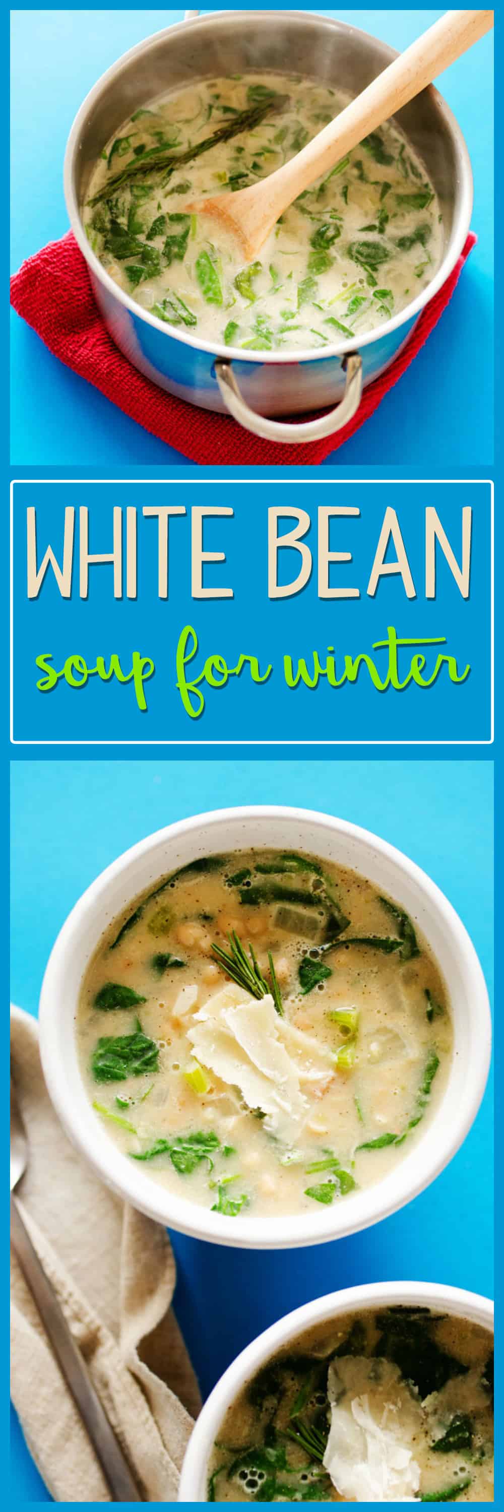 Photos of white bean soup in a bowl.
