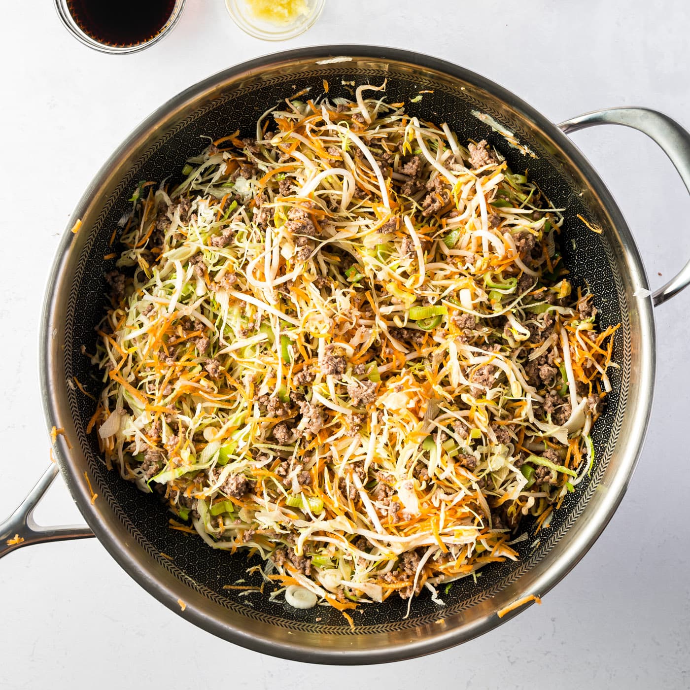 egg roll in a bowl cooked in a skillet