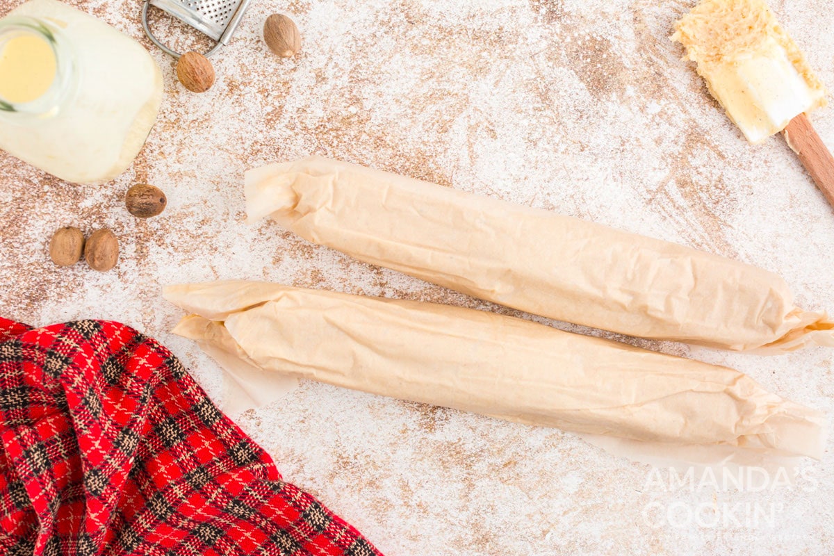 cookie dough logs wrapped in wax paper