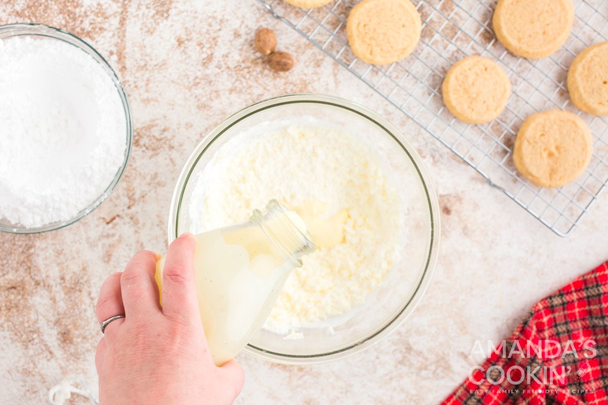 adding eggnog to bowl