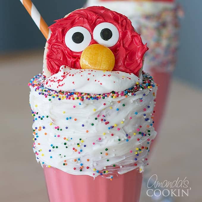 elmo cookie in top of freakshake