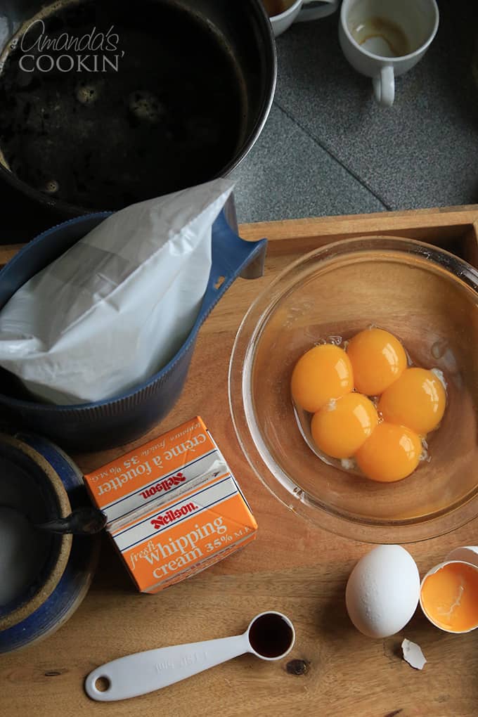 First, seperate your egg yolks for your espresso creme brulee.