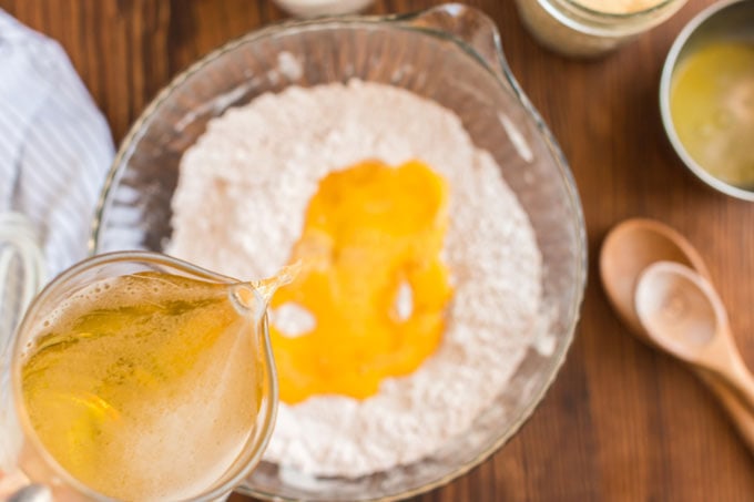 adding beer to flour