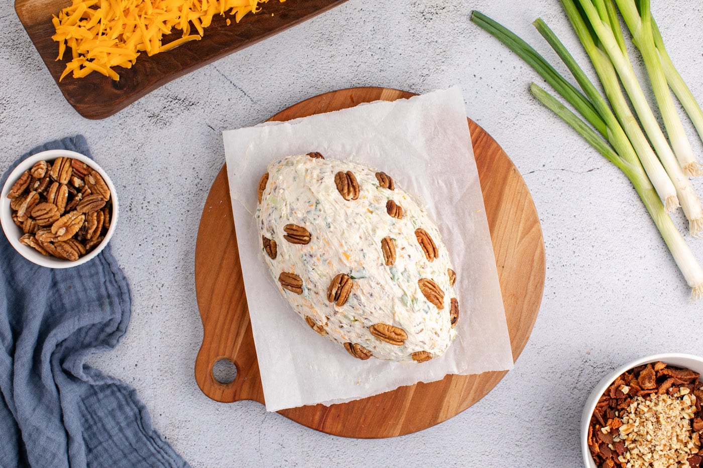 whole pecans added to football cheese ball