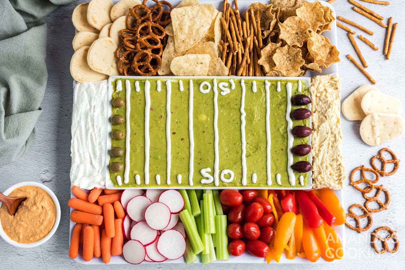 overhead shot on football party tray